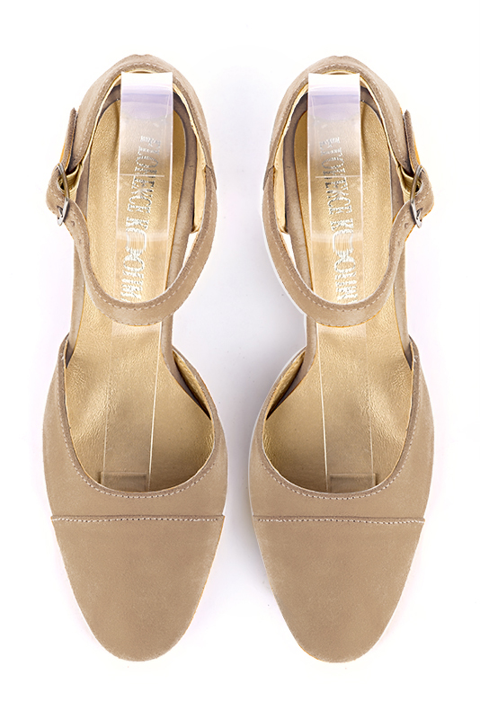 Tan beige women's open side shoes, with an instep strap. Round toe. Medium block heels. Top view - Florence KOOIJMAN